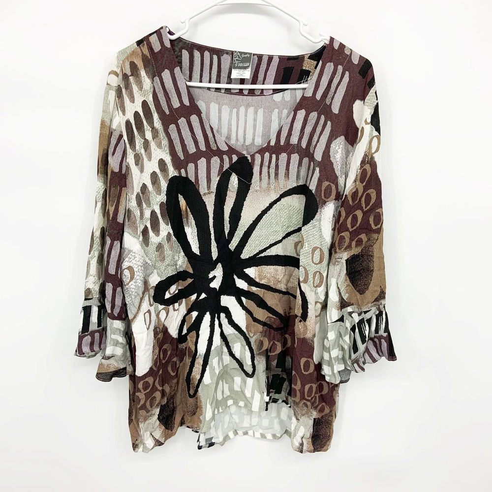 Simply Art by Dolcezza Stylized Floral Viscose 3/4 Sleeve Blouse Size 2XL